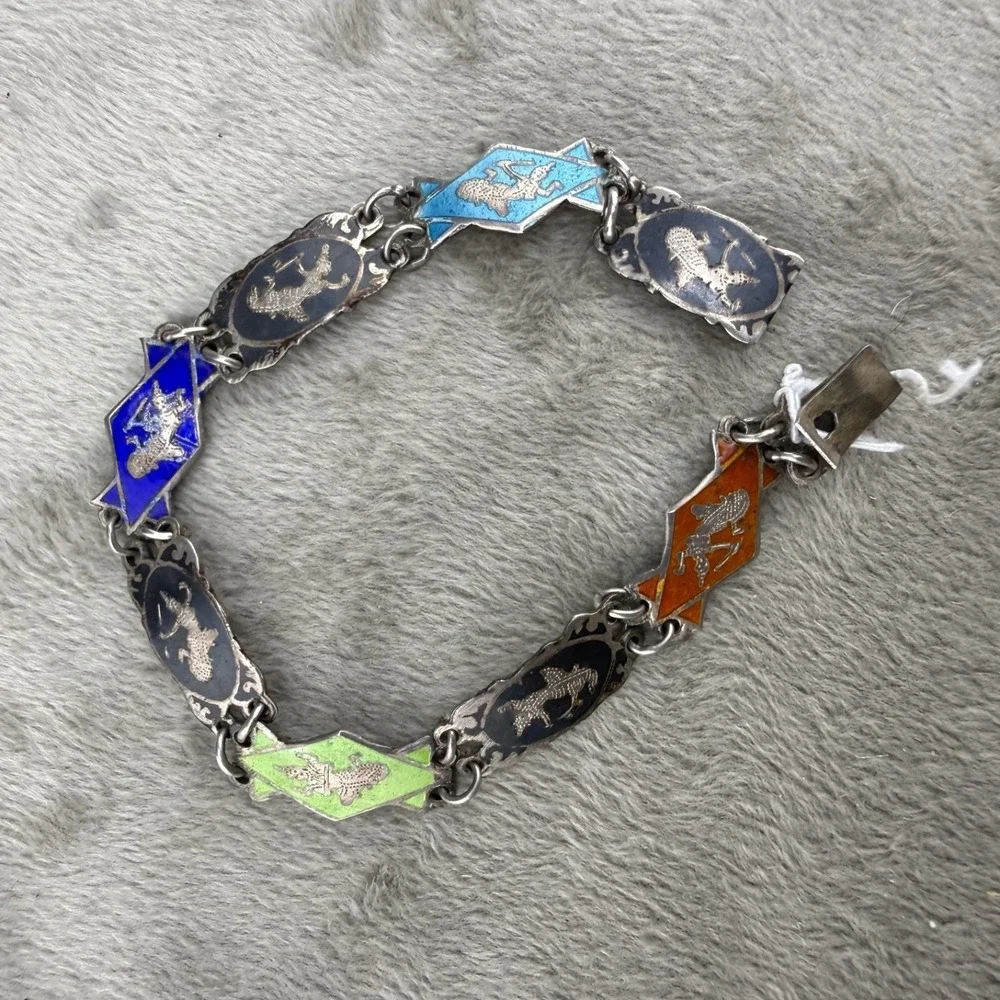 Vintage Siam Sterling Silver Bracelet Multicolor Enamel 6.5" - Picture 1 of 11
